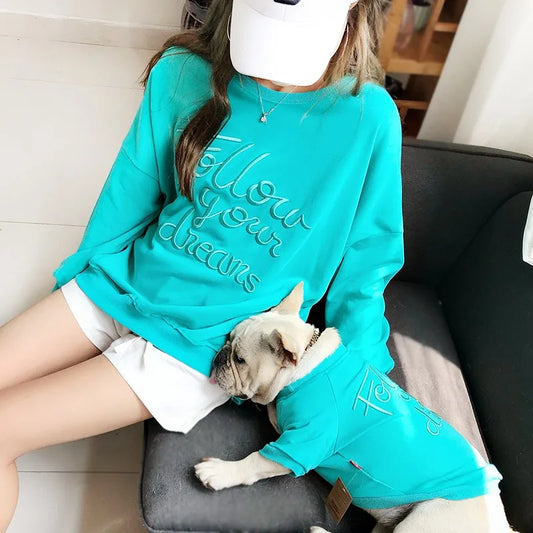 Matching human and pet apparel Matching clothing for small and adult dogs Embroidered text, fashionable sweatshirt for travel