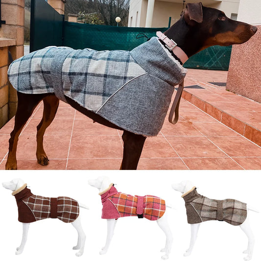 Warm Fleece Winter Big Dog Clothes Fashion Plaid Print  Pet Jacket with Belt for Medium Large Dogs Greyhound Weimaraner Clothing