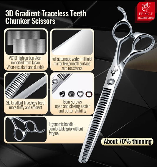 Fenice 7.0 Inch VG10 Steel 3D Gradient Traceless Teeth Pet Curved/Straight Chunker Scissors Bearing Screws Pet Grooming Shears