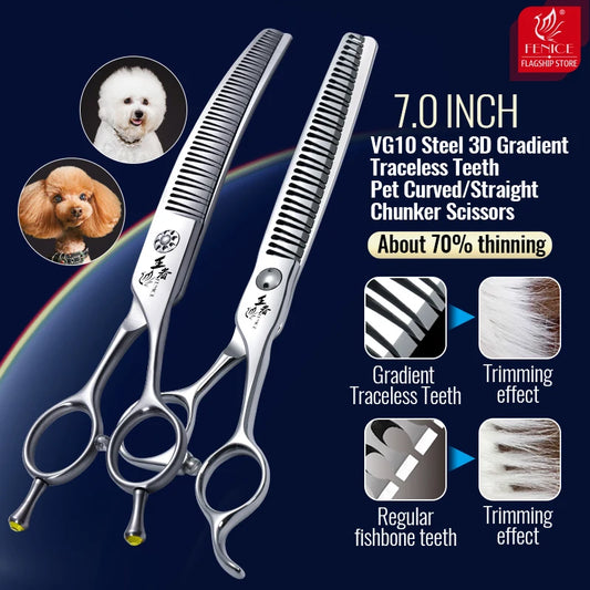 Fenice 7.0 Inch VG10 Steel 3D Gradient Traceless Teeth Pet Curved/Straight Chunker Scissors Bearing Screws Pet Grooming Shears